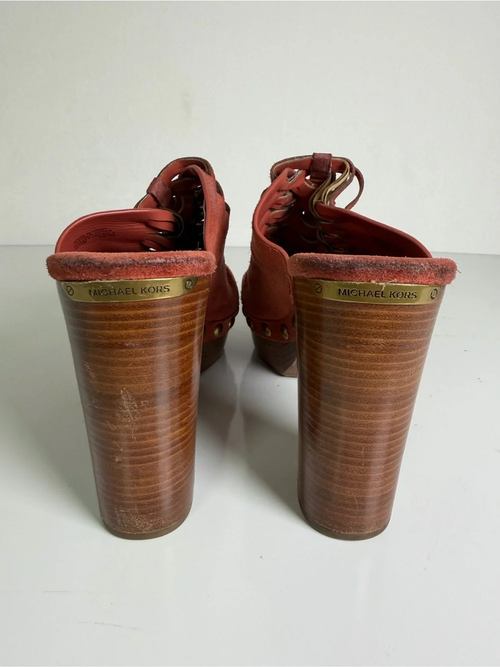 Michael Kors Women’s Sz 9 Rust Suede Woven Studded Platform Clog Heel Sandals